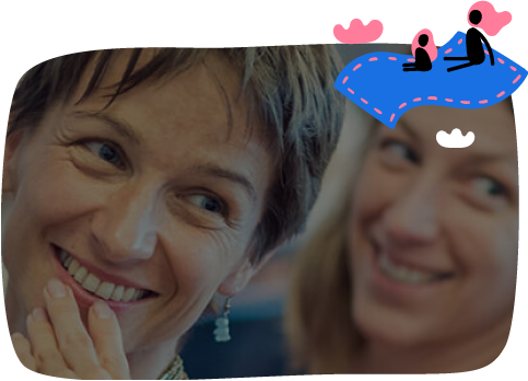 Decorative photo with people and illustration of parent and child on a flying carpet.